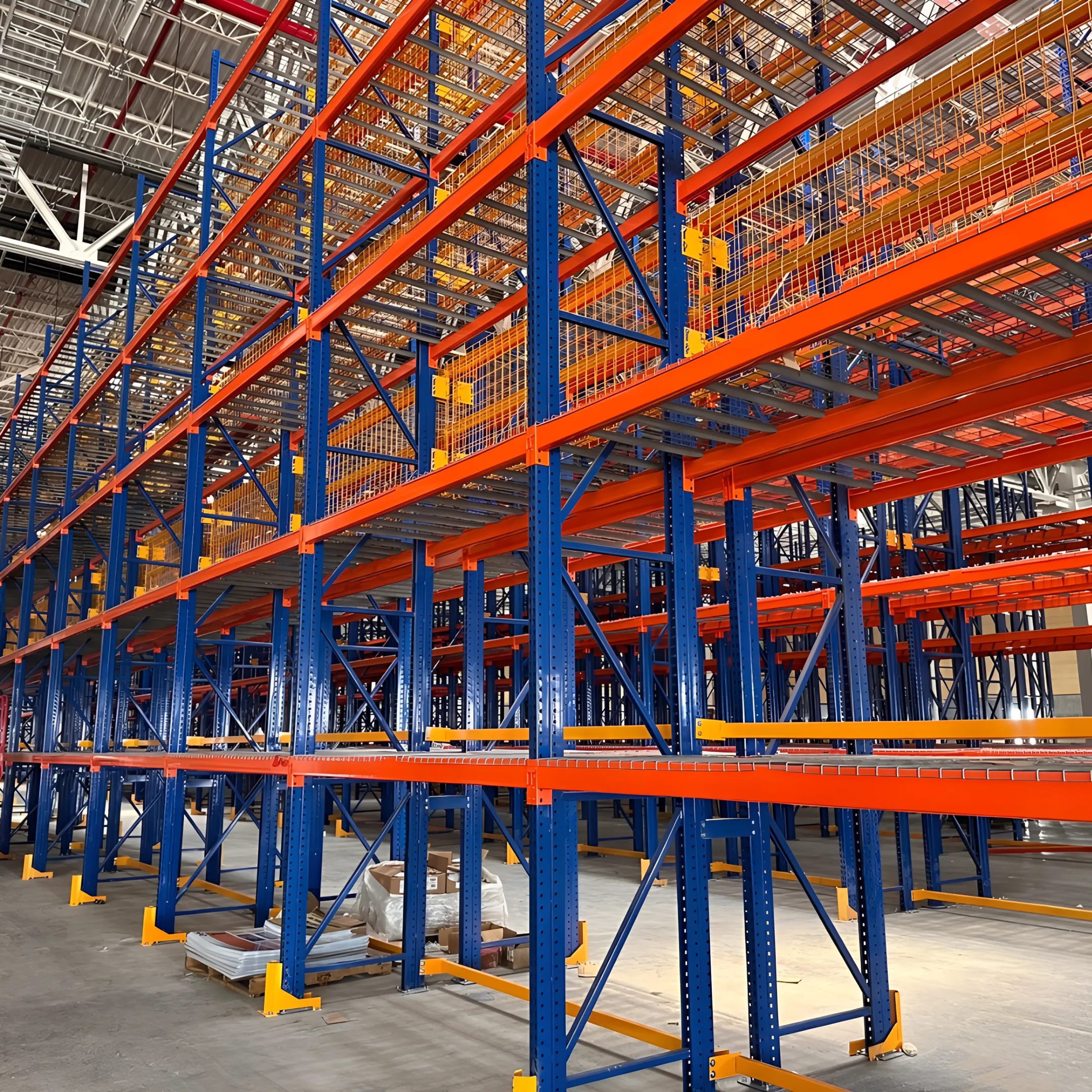 Technicians reviewing pallet rack layout in a warehouse