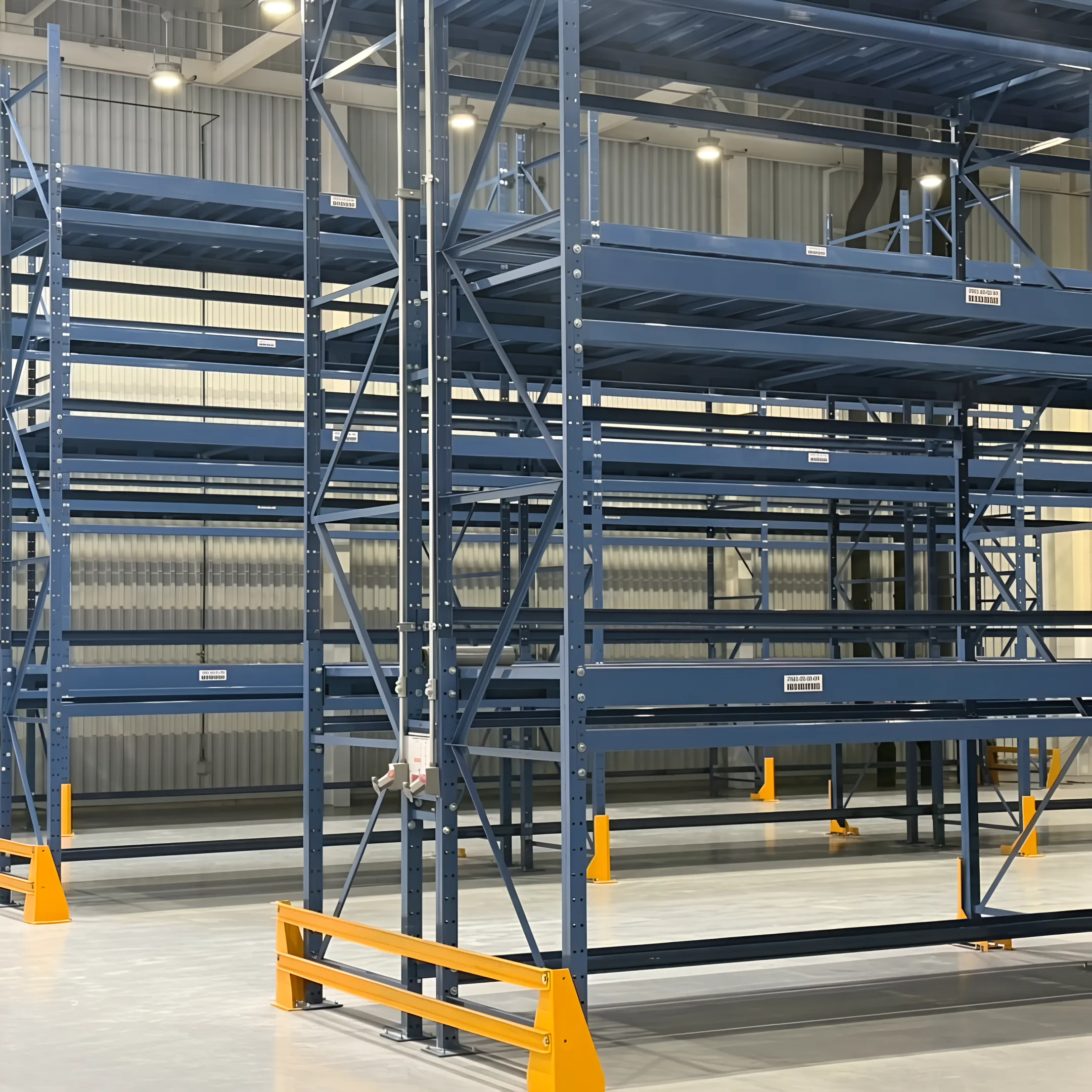 Structural pallet rack beams and upright frames in warehouse