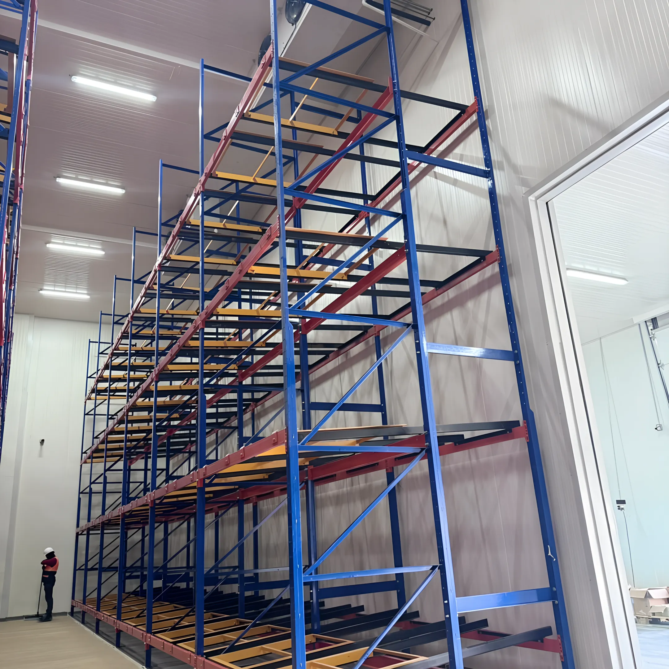 Worker reviewing push back rack pallet storage