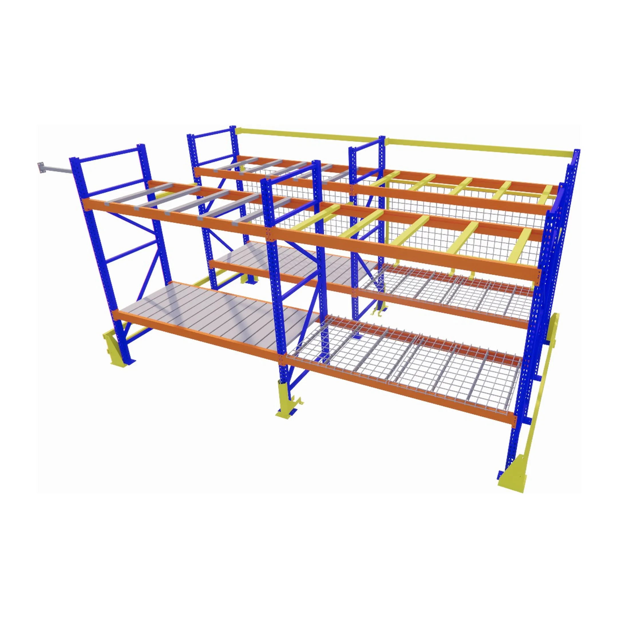 Warehouse storage racks supporting palletized inventory