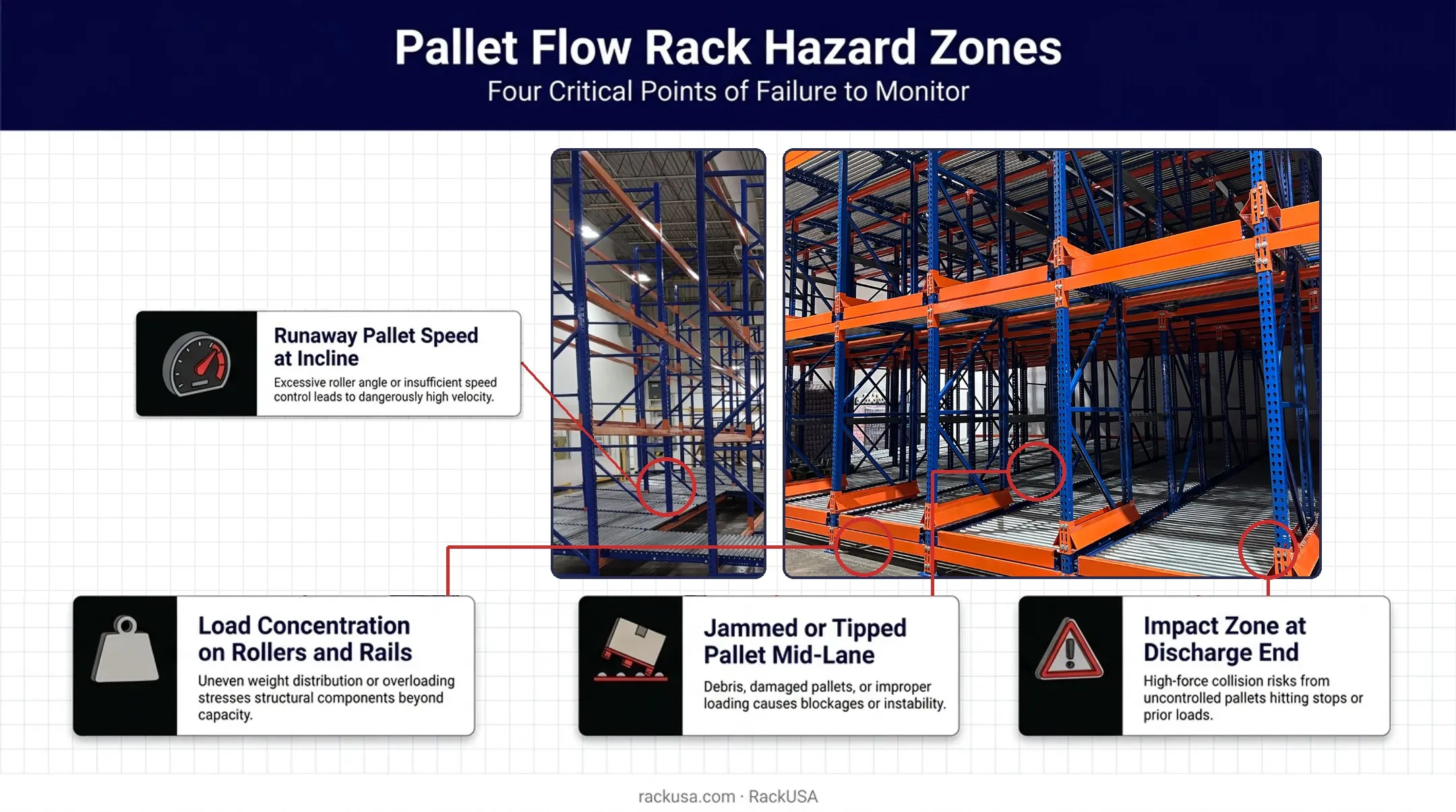 Pallet flow rack unique hazard points diagram showing risk zones