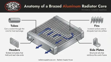 Radiator core anatomy diagram showing tubes fins headers and side plates