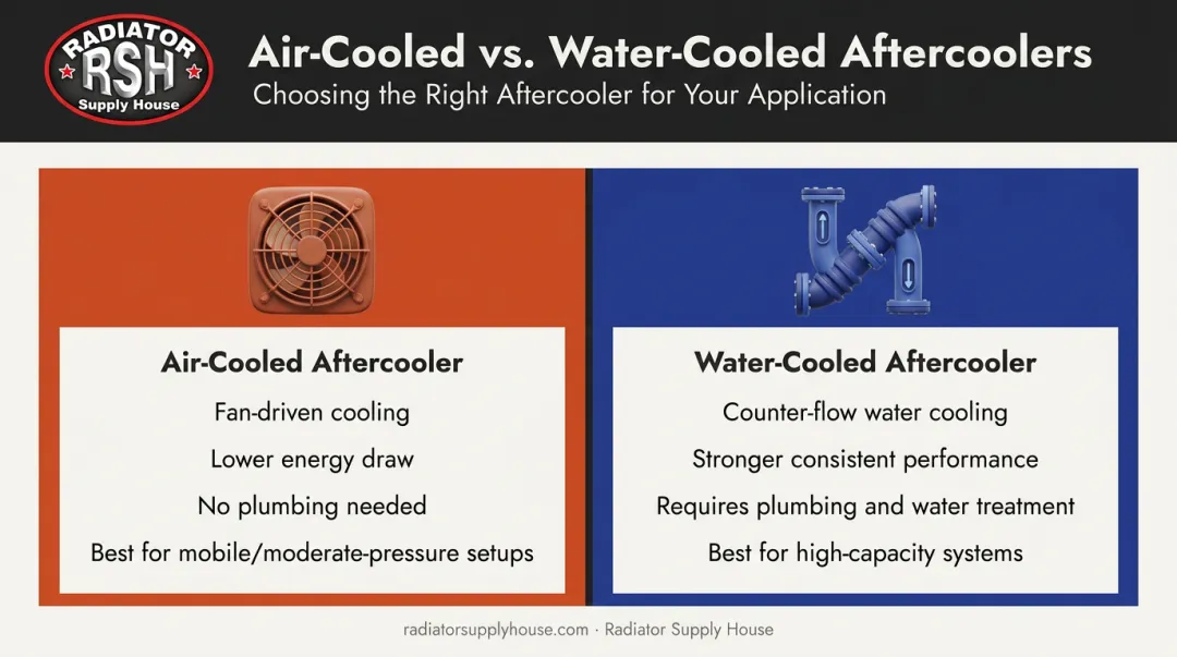 Air-cooled versus water-cooled aftercooler comparison chart infographic