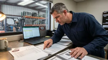 Fleet manager reviewing heavy equipment repair cost spreadsheet and budget comparison documents