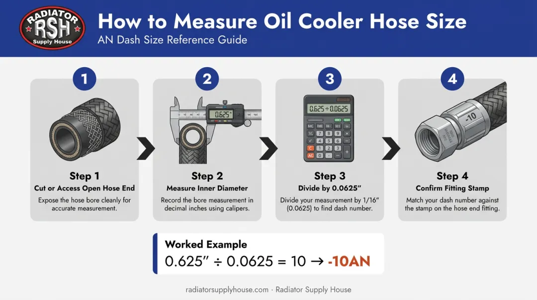4-step oil cooler hose inner diameter measurement process using calipers