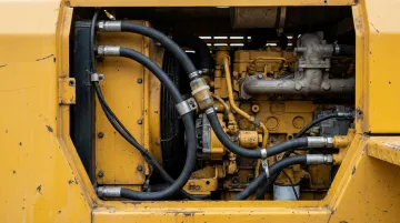 Heavy construction equipment excavator engine bay showing oil cooler hose routing