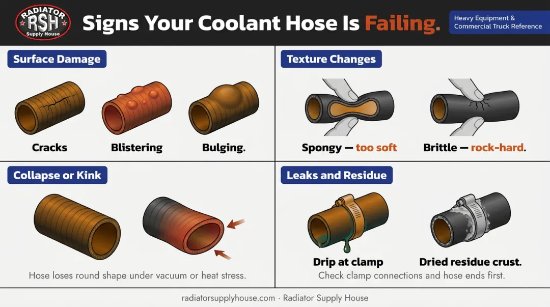 Coolant hose failure warning signs visual inspection checklist infographic