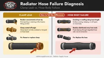 Clamp leak versus hose body failure identification comparison side-by-side chart