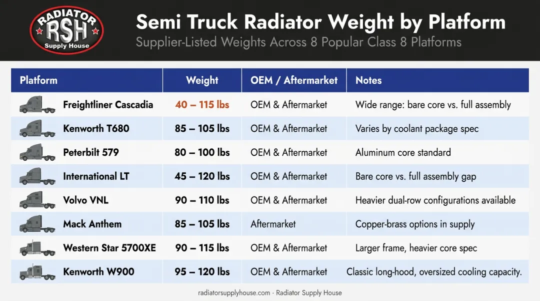 Semi truck radiator weight by brand and model platform reference table infographic