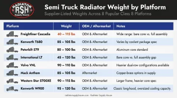 Semi truck radiator weight by brand and model platform reference table infographic