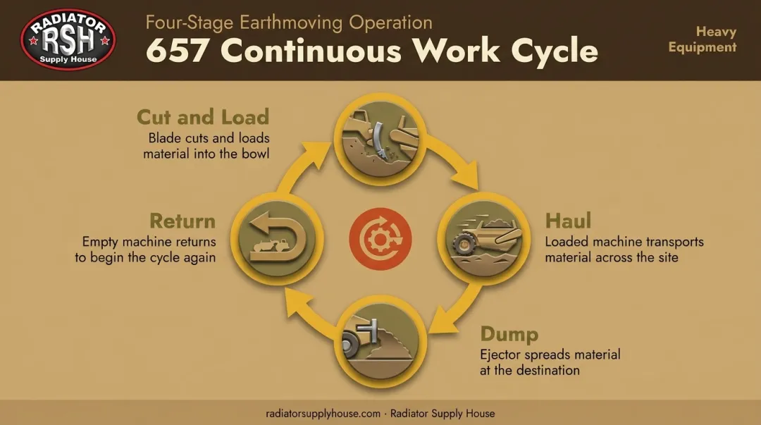 4-stage Caterpillar 657 scraper work cycle process flow diagram