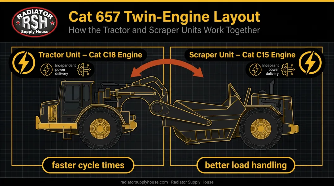 Caterpillar 657 twin-engine dual-power configuration diagram tractor and scraper
