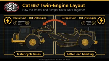 Caterpillar 657 twin-engine dual-power configuration diagram tractor and scraper