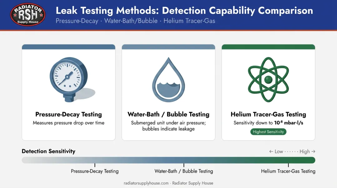 Three radiator leak testing methods comparison pressure-decay bubble and helium tracer