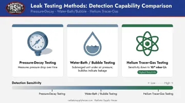 Three radiator leak testing methods comparison pressure-decay bubble and helium tracer
