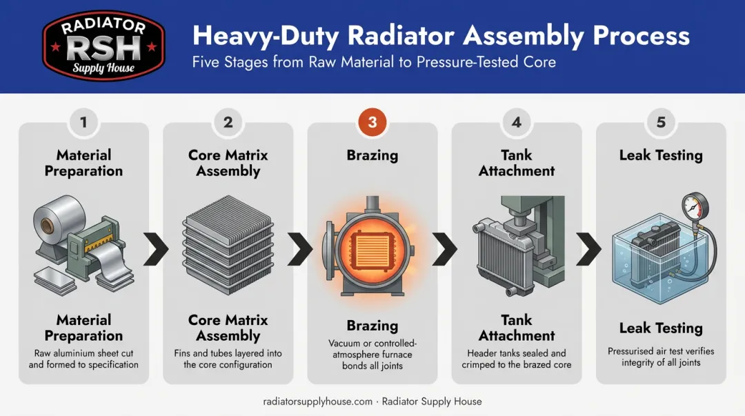 5-stage radiator assembly process flow from material preparation to leak testing