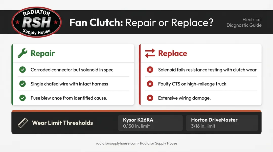 Freightliner fan clutch repair versus replace decision comparison chart with OEM thresholds