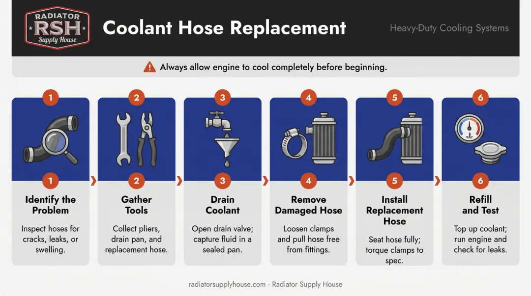 6-step coolant hose replacement process flow from inspection to leak testing