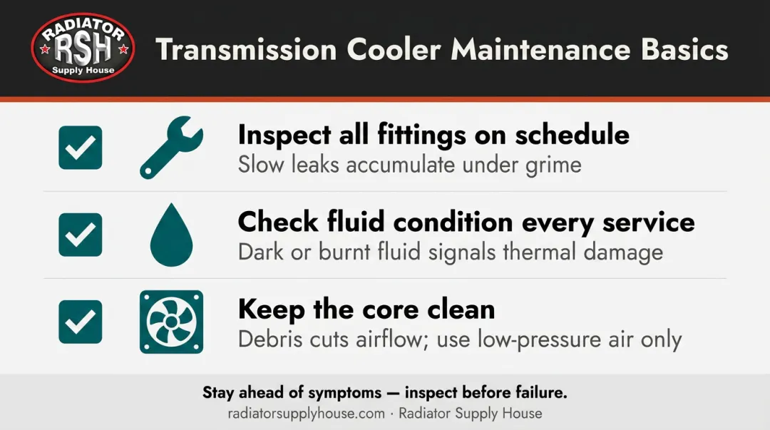 Three-step transmission cooler maintenance checklist infographic for reliable long-term operation