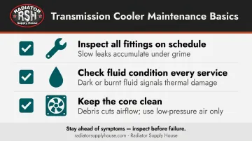 Three-step transmission cooler maintenance checklist infographic for reliable long-term operation