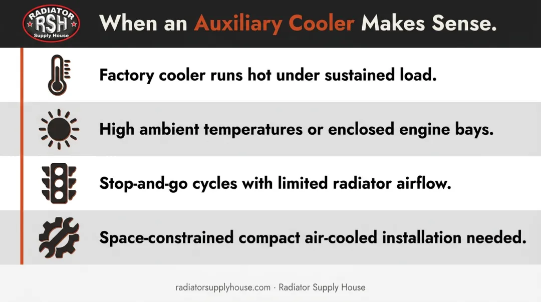 Four conditions requiring aftermarket auxiliary transmission cooler installation infographic