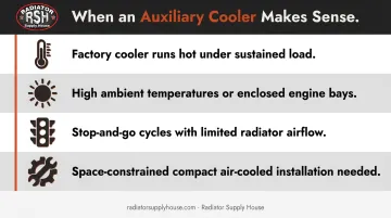 Four conditions requiring aftermarket auxiliary transmission cooler installation infographic
