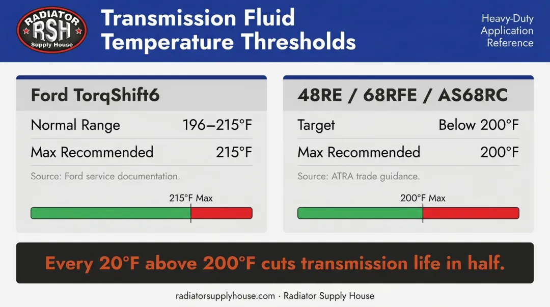 Transmission fluid temperature operating range comparison chart Ford TorqShift versus ATRA 48RE