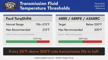 Transmission fluid temperature operating range comparison chart Ford TorqShift versus ATRA 48RE