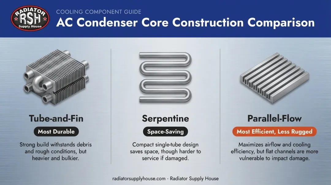 Three AC condenser core designs tube-and-fin serpentine and parallel-flow compared