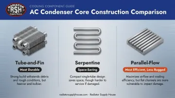 Three AC condenser core designs tube-and-fin serpentine and parallel-flow compared