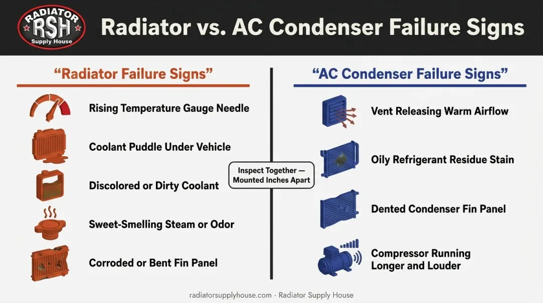 Radiator versus AC condenser failure symptoms side-by-side comparison chart