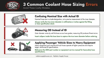 Three common coolant hose sizing mistakes in heavy equipment applications infographic
