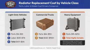 Radiator hose replacement cost comparison across three vehicle classes infographic