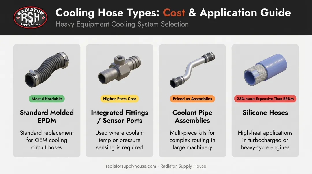 Four radiator hose types comparison chart with cost and application differences