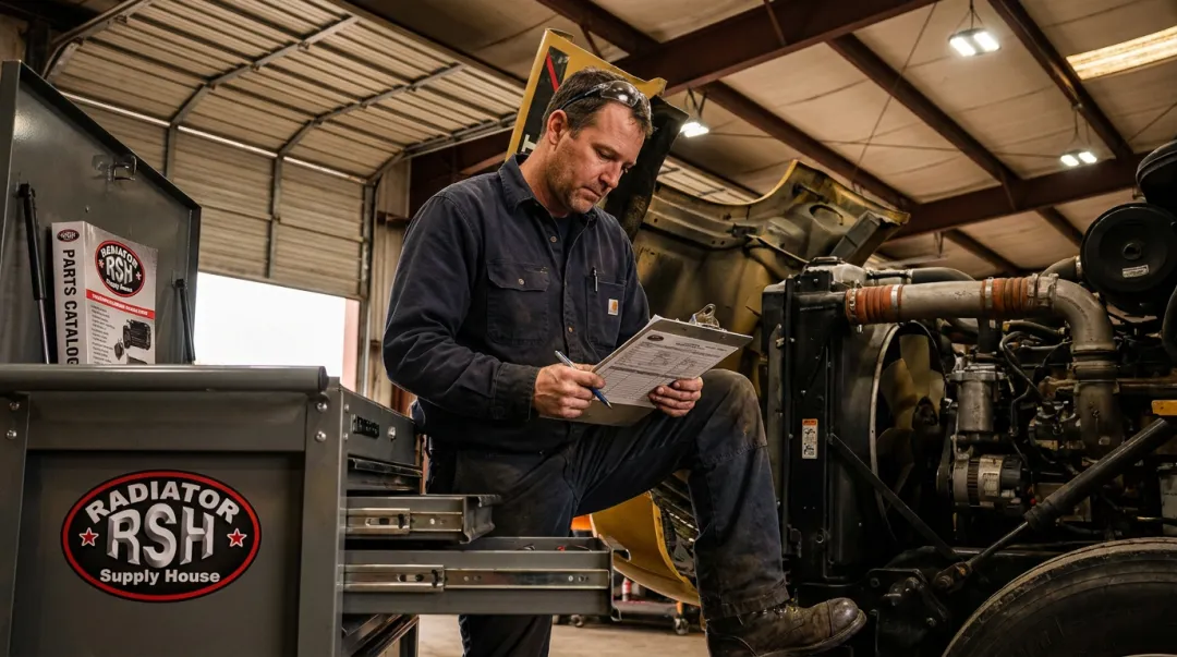 Fleet maintenance technician logging coolant hose sealant repair in equipment maintenance record