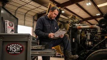 Fleet maintenance technician logging coolant hose sealant repair in equipment maintenance record