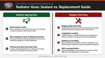 Coolant hose sealant use versus replace decision criteria comparison infographic