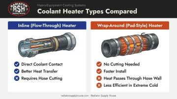Inline versus wrap-around radiator hose heater comparison infographic
