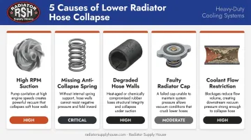 Five causes of lower radiator hose collapse at high RPM comparison infographic