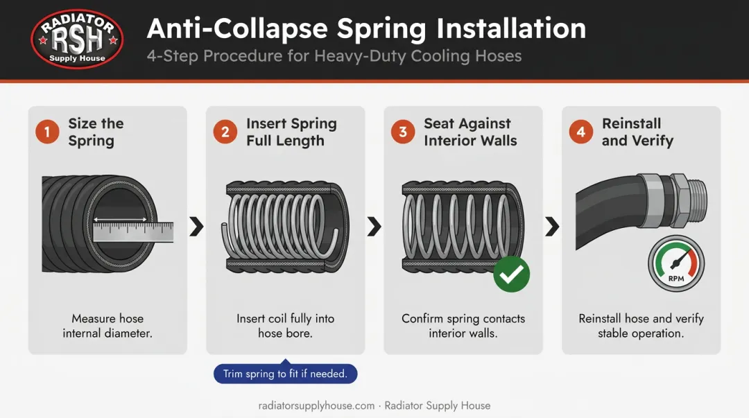 Step-by-step anti-collapse spring installation inside lower radiator hose guide