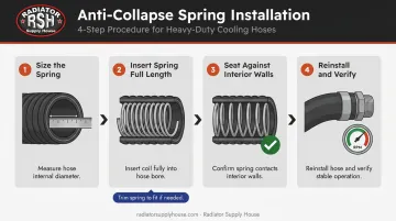Step-by-step anti-collapse spring installation inside lower radiator hose guide