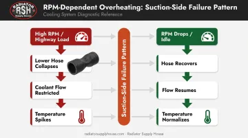 RPM-dependent lower radiator hose collapse symptom pattern diagnostic flowchart