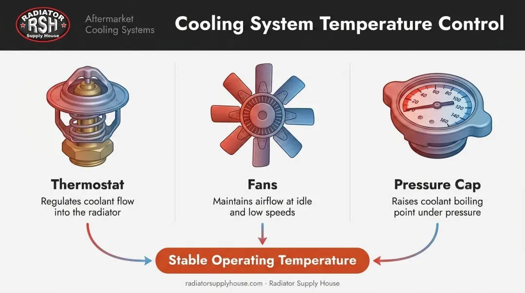 Thermostat fan and pressure cap cooling system regulation diagram