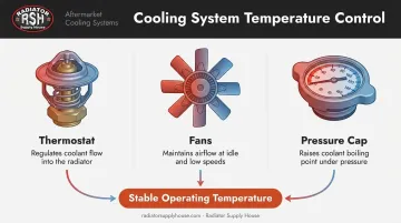 Thermostat fan and pressure cap cooling system regulation diagram