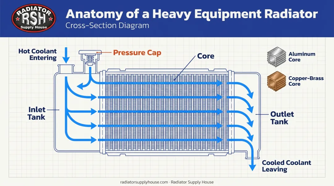 Heavy equipment radiator anatomy diagram showing core tanks and pressure cap