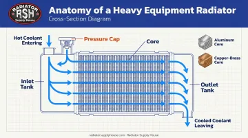 Heavy equipment radiator anatomy diagram showing core tanks and pressure cap