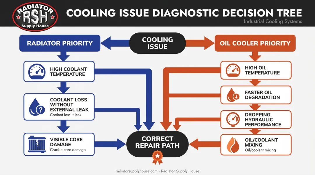 Decision tree diagram diagnosing radiator versus oil cooler failure symptoms