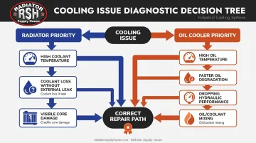 Decision tree diagram diagnosing radiator versus oil cooler failure symptoms