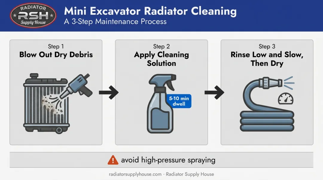3-step Bobcat mini excavator radiator cleaning process flow diagram