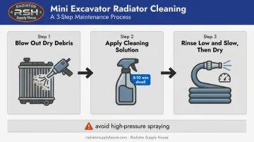 3-step Bobcat mini excavator radiator cleaning process flow diagram